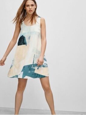 Wilfred Abstract Scoop-Neck Mini Dress in Teal and Cream